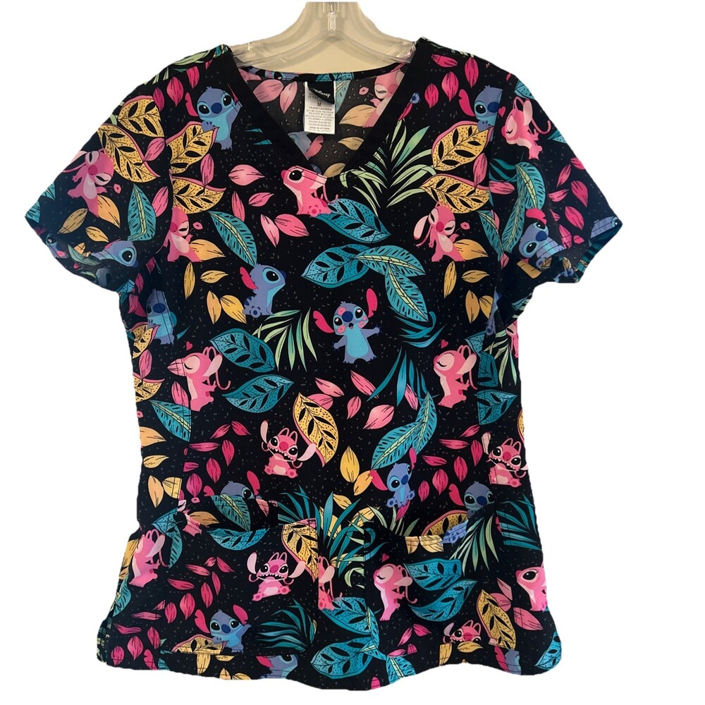 Lilo & Stitch Disney Scrub Top Women's M V-Neck Tropical Hawaiian TF733 LHGS